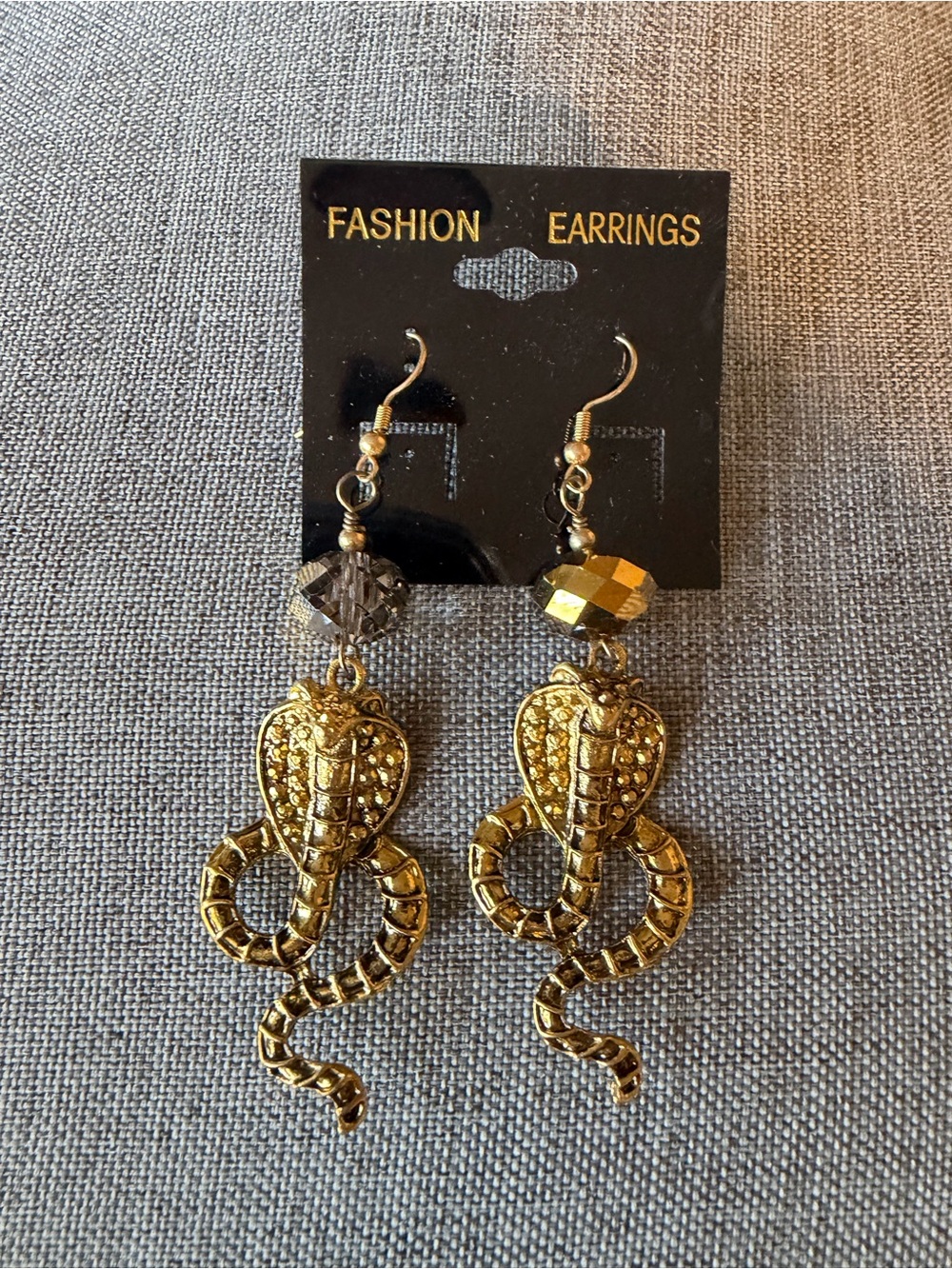 Gold Cobra and Crystal Dangle Earrings